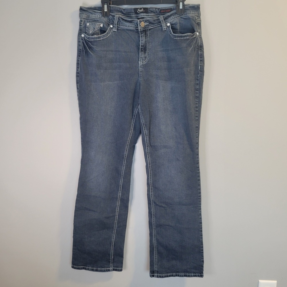 Earl Jean Womens Slim Bootcut Jeans Blue Embroidered Sequin Pockets Size 16